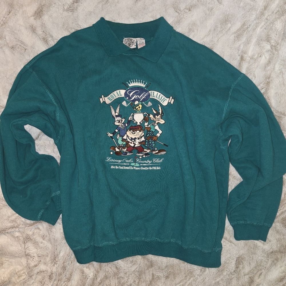 Vintage 90s Looney Tunes Golf Sweatshirt - XL Acme Clothing Co. Trendy Teal
